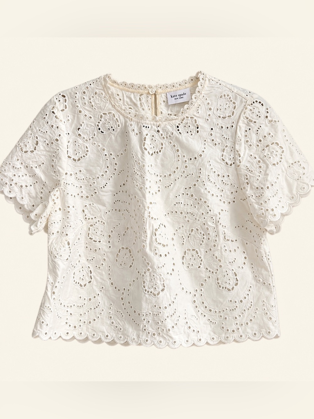 Kate Spade White Eyelet Cropped Blouse Size 8 Scalloped Cotton Top
